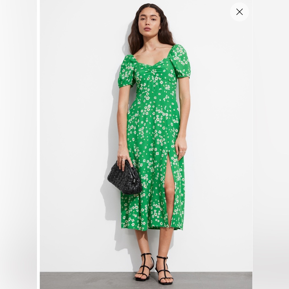 &Other Stories Flowy Puff Sleeve Midi Dress Bright Green Floral Print